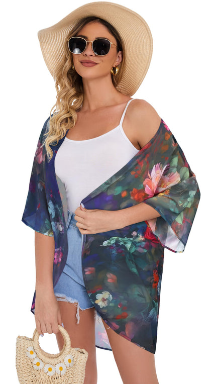 Women's Floral Print Puff Sleeve Kimono Cardigan Loose Cover Up Casual Blouse Tops