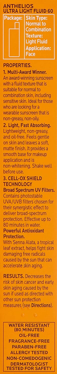 La Roche-Posay Anthelios Light Fluid Facial Sunscreen SPF 60 | Lightweight Sunscreen For Face | Fluid Texture | Broad Spectrum SPF + Antioxidants | Oil Free & Oxybenzone Free | Travel Size 1.7 Fl. Oz.