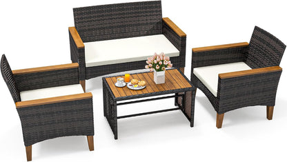 YITAHOME Wooden Armrest 4-Piece Patio Furniture Set, All-Weather Outdoor Furniture Rattan Wicker Conversation Set with Wooden Side Table, Wooden Armrests &Feet and Soft Cushions, Brown+Beige