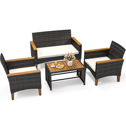 YITAHOME 4-Piece Patio Bistro Set, All-Weather Outdoor Patio Furniture Rattan Wicker Loveseat Conversation Set with Wooden Armrests, Curved Backrest, Glass Side Table, and Soft Cushions - Light Brown