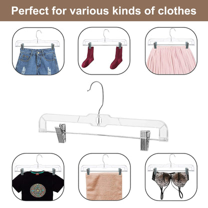 HOUSE DAY 12 Pack 14 inch Clear Plastic Skirt Hangers with Adjustable Clips, Pants Hangers 360-Rotating Swivel Hook, Clip Hangers for Pants, Trousers, Skirts, Jeans, Bulk Plastic Hangers