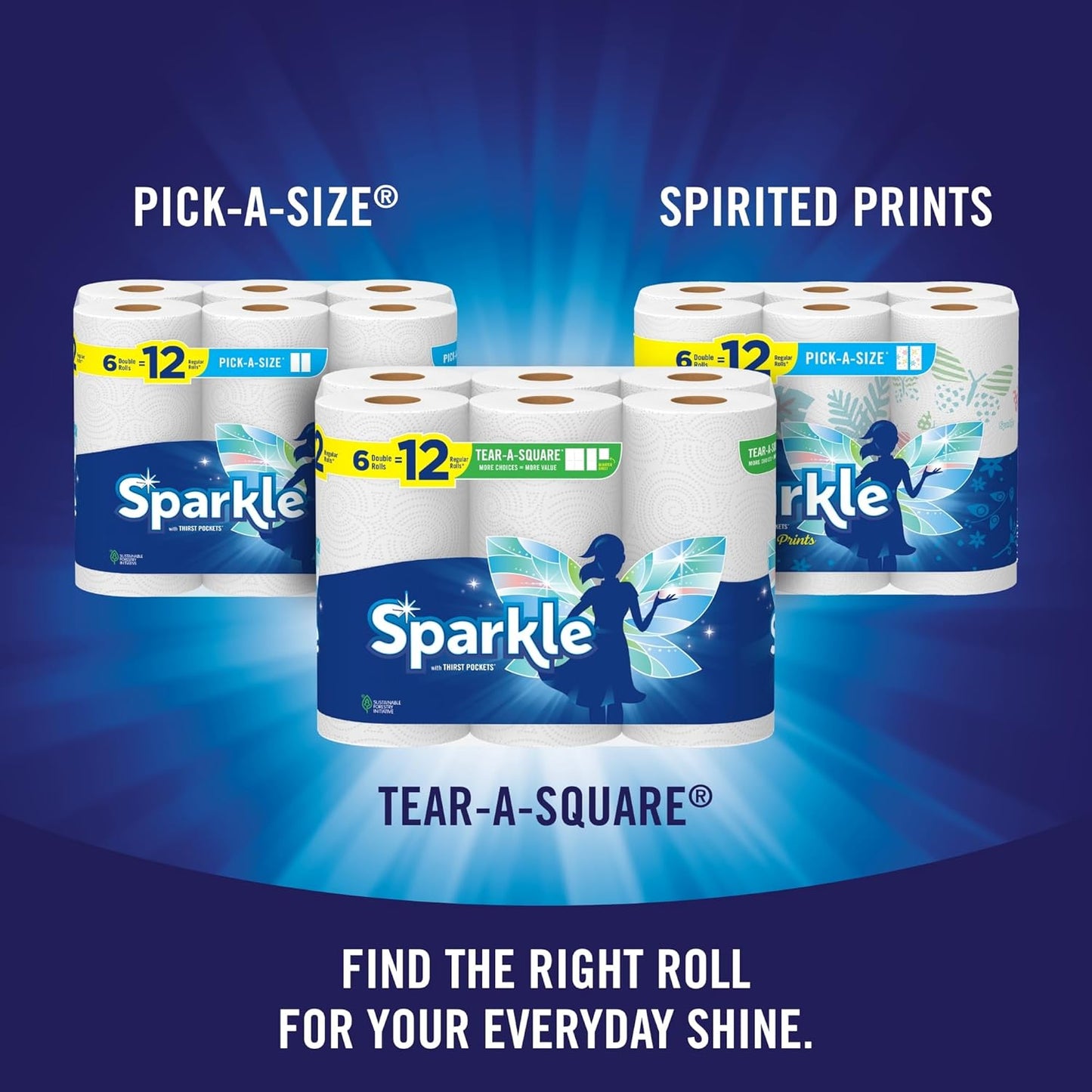 Sparkle Tear-A-Square Paper Towels, 2 Double Rolls = 4 Regular Rolls, Customizable Sheet Size Paper Towel