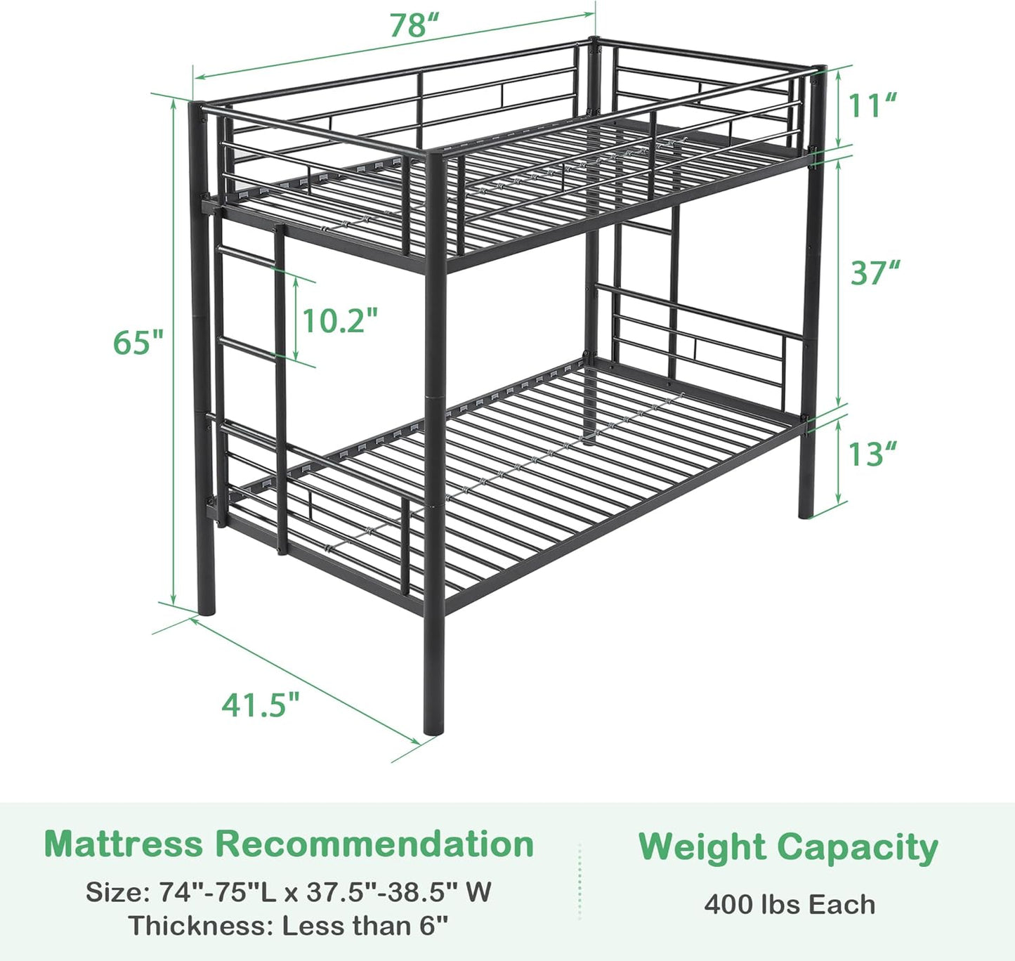 VECELO Metal Bunk Bed Twin Over Twin, Industrial Bunkbeds with Ladder and Full-Length Guardrail, Noise Free, No Boxing Spring Needed, Black