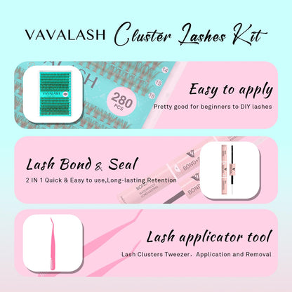 VAVALASH DIY Lash Extension Kit 280 Clusters Individual Lashes Kit 30D 40D 0.07D-10-16mm Lash Clusters, Lash Bond and Seal, Lash Tweezer for DIY Eyelash Extension at Home（Kit-30D+40D-0.07D-10-16MIX）