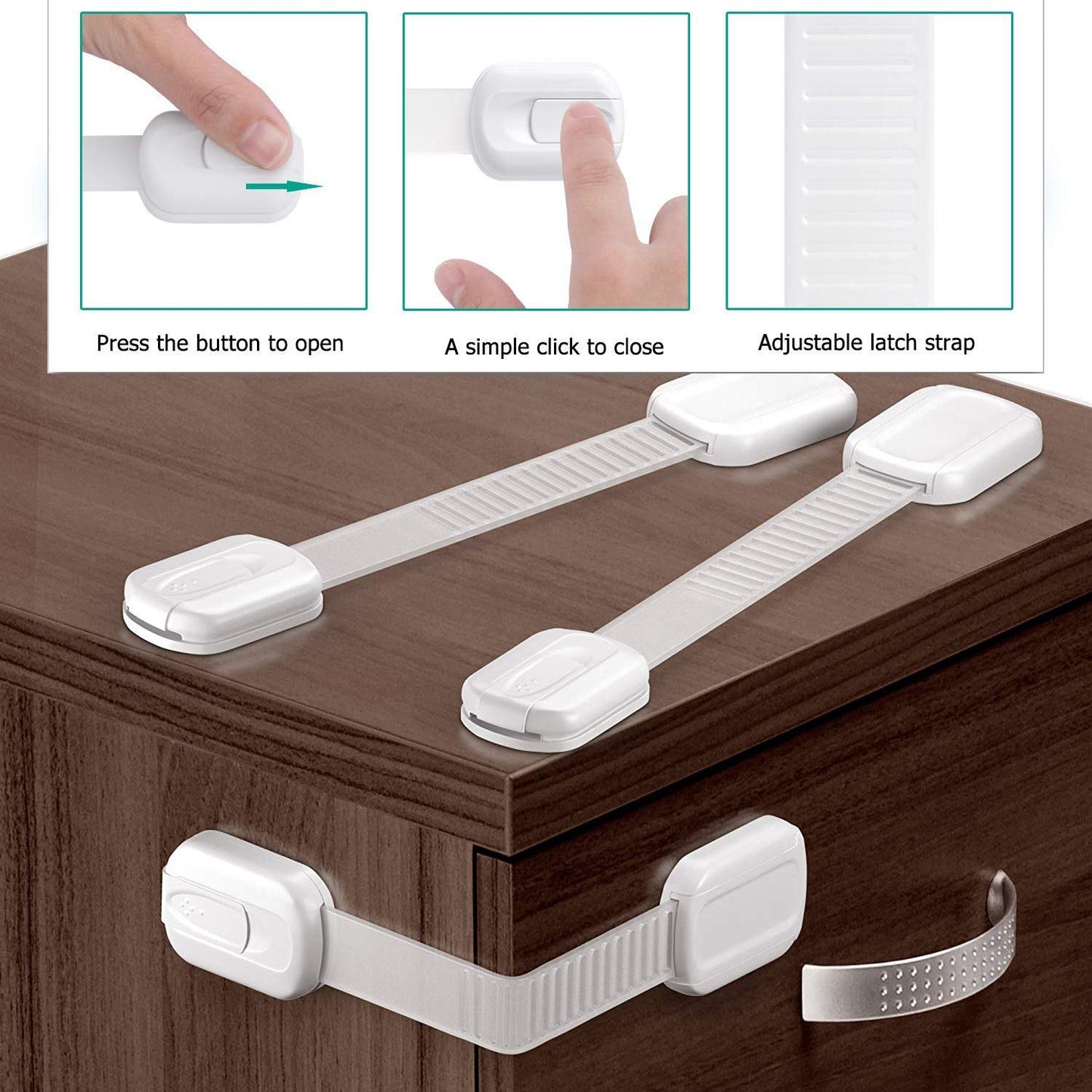 6 Pack Vmaisi Multi-Use Adhesive Straps Locks - Childproofing Baby Proofing Cabinet Latches for Drawers, Fridge, Dishwasher, Toilet Seat, Cupboard, Oven,Trash Can, No Drilling (White) (6)