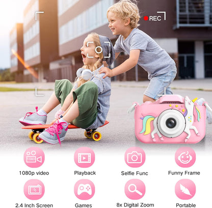 Goopow Kids Camera Toys for 3-8 Year Old Girls Boys,Children Digital Video Camcorder Camera with Cartoon Soft Cover, Best Chritmas Birthday Festival Gift for Kids - 32G SD Card Included (Pink-DJS)