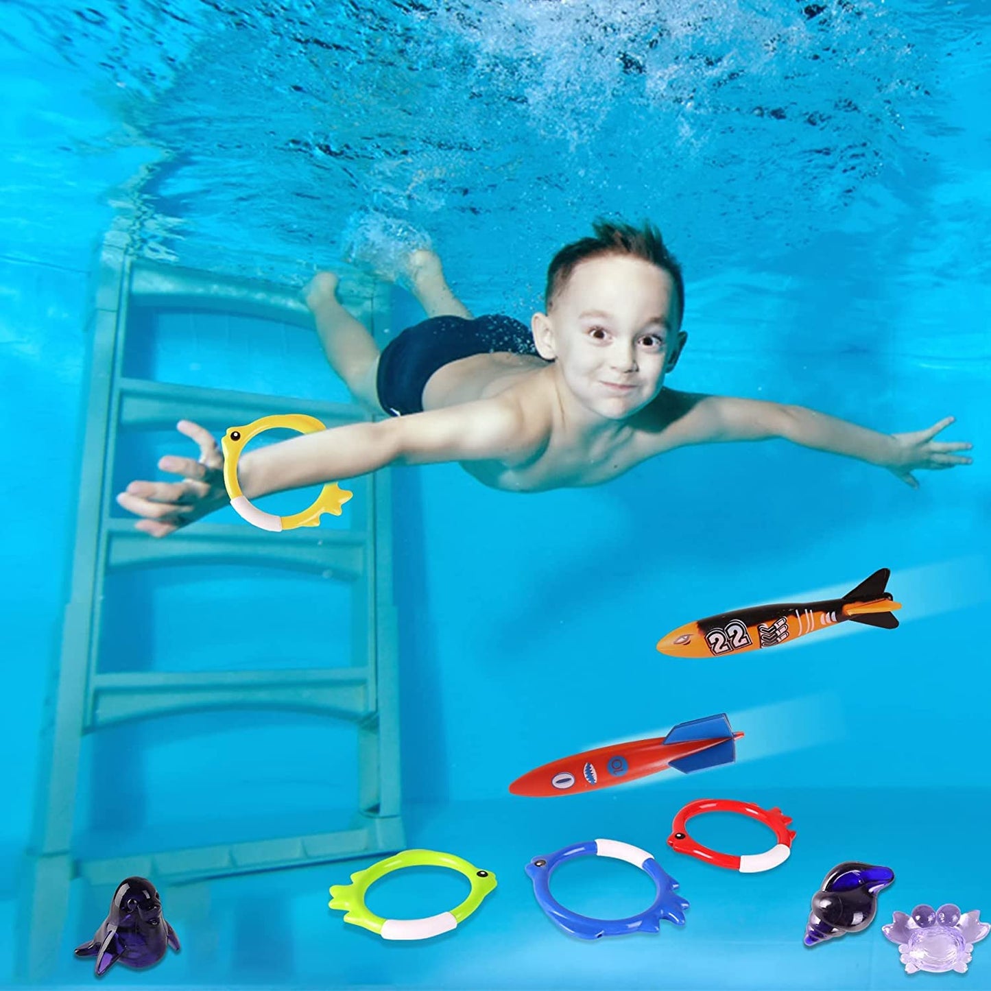 30 Packs Summer Pool Diving Swimming Essentials Toys for Kids, Fun Swim Games Sinking Set, Underwater Dive Gifts with Storage Bag Include Torpedo Gems Shark Rings Sea Animals for Boys Girls Toddlers