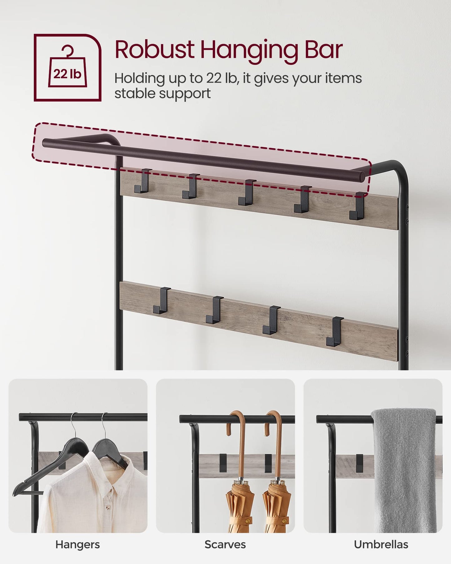 VASAGLE Coat Rack, Hall Tree with Shoe Bench for Entryway, Entryway Bench with Coat Rack, 4-in-1, with 9 Removable Hooks, a Hanging Rod, 13.3 x 28.3 x 72.1 Inches, Honey Brown and Black UHSR040B05