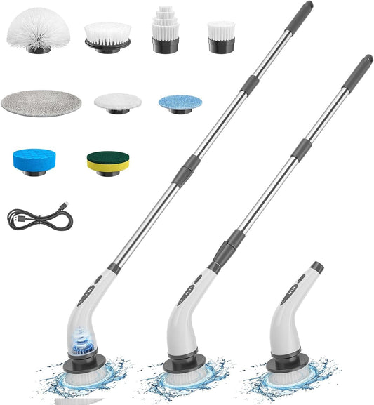 Electric Spin Scrubber, Cordless Shower Cleaner Brush with Adjustable Extension, 9 Replaceable Cleaning Heads, Power Shower Scrubber for Bathroom, Tub, Tile, Floor (White)