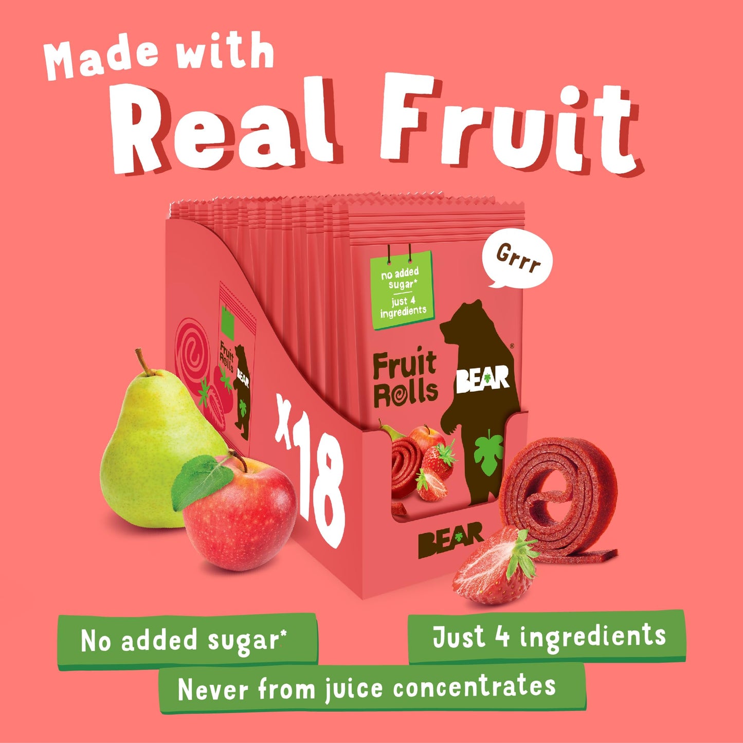 BEAR Real Fruit Snack Rolls - Gluten Free, Vegan, and Non-GMO - Strawberry – Healthy School And Lunch Snacks For Kids And Adults, 0.7 Ounce (Pack of 18)