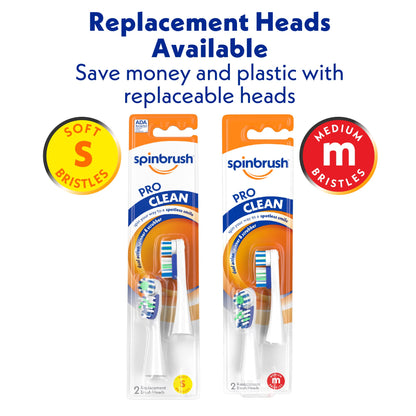 Spinbrush Pro Clean Replacement Heads, Soft Bristles, For Battery Toothbrush, 2-Pack