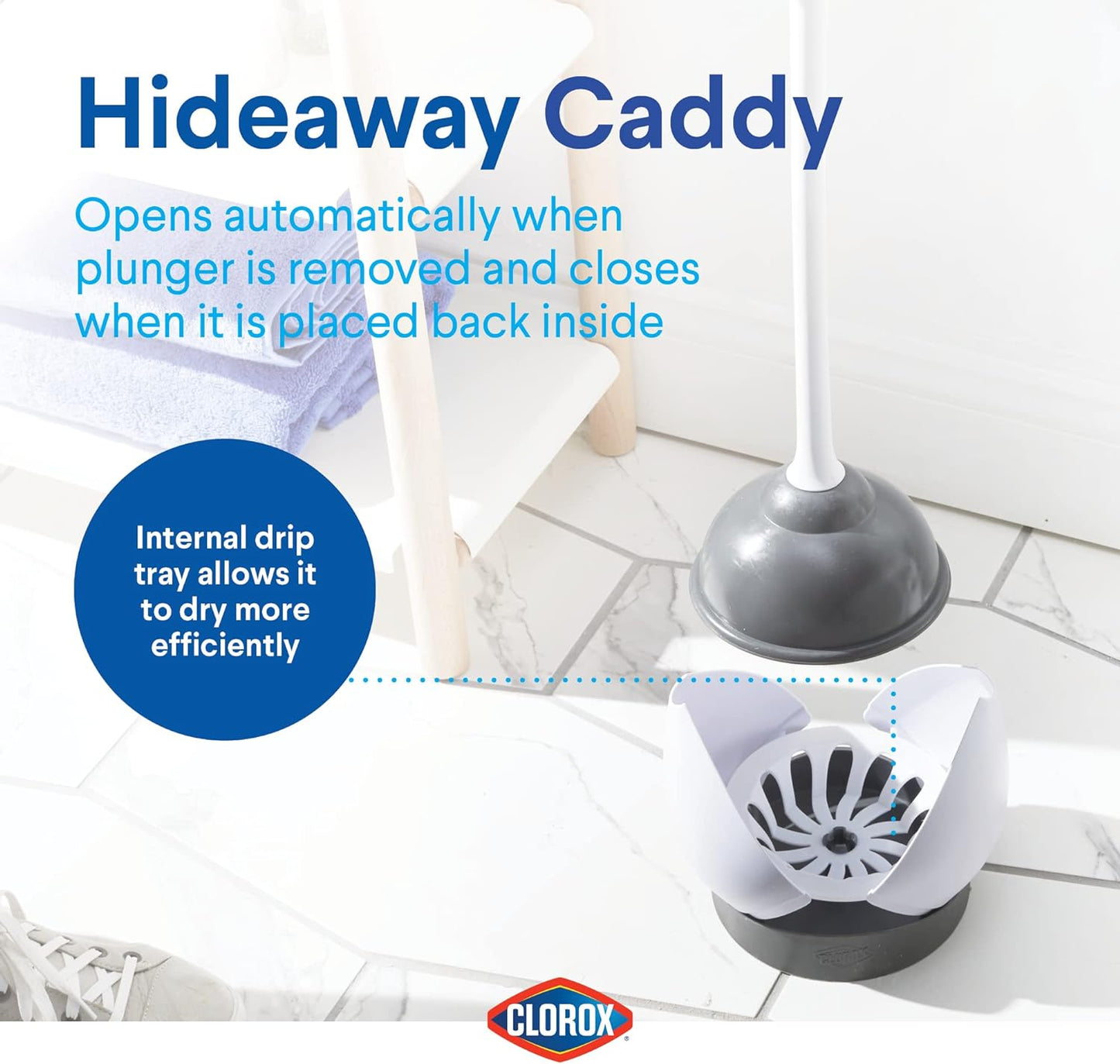 Clorox 620027 Toilet Plunger and Hideaway Caddy Bathroom Combo, 1-Pack, White/Grey