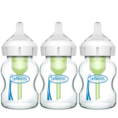 Dr. Brown's Natural Flow Anti-Colic Options+ Wide-Neck Glass Baby Bottles 5 oz/150 mL, with Level 1 Slow Flow Nipple, 3 Pack, 0m+