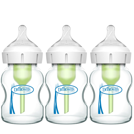 Dr. Brown's Natural Flow Anti-Colic Options+ Wide-Neck Glass Baby Bottles 5 oz/150 mL, with Level 1 Slow Flow Nipple, 3 Pack, 0m+