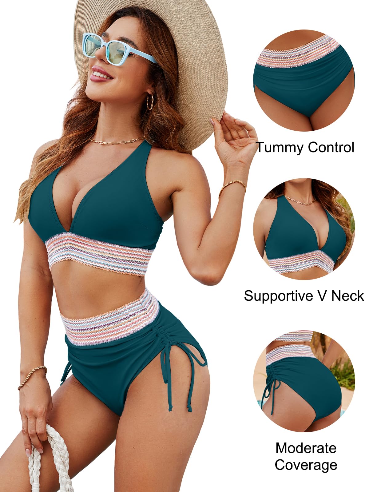 Blooming Jelly Women High Waisted Bikini Sets Tummy Control Swimsuits Color Block Two Piece Drawstring Bathing Suit