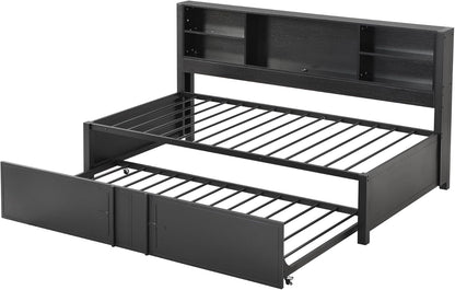 Harper & Bright Designs Twin Captains Bed with Trundle and Storage Headboard, Daybed Twin with USB Charging Port and Metal Frame, Industrial Style Twin Trundle Bed Frame, No Box Spring Needed, Black