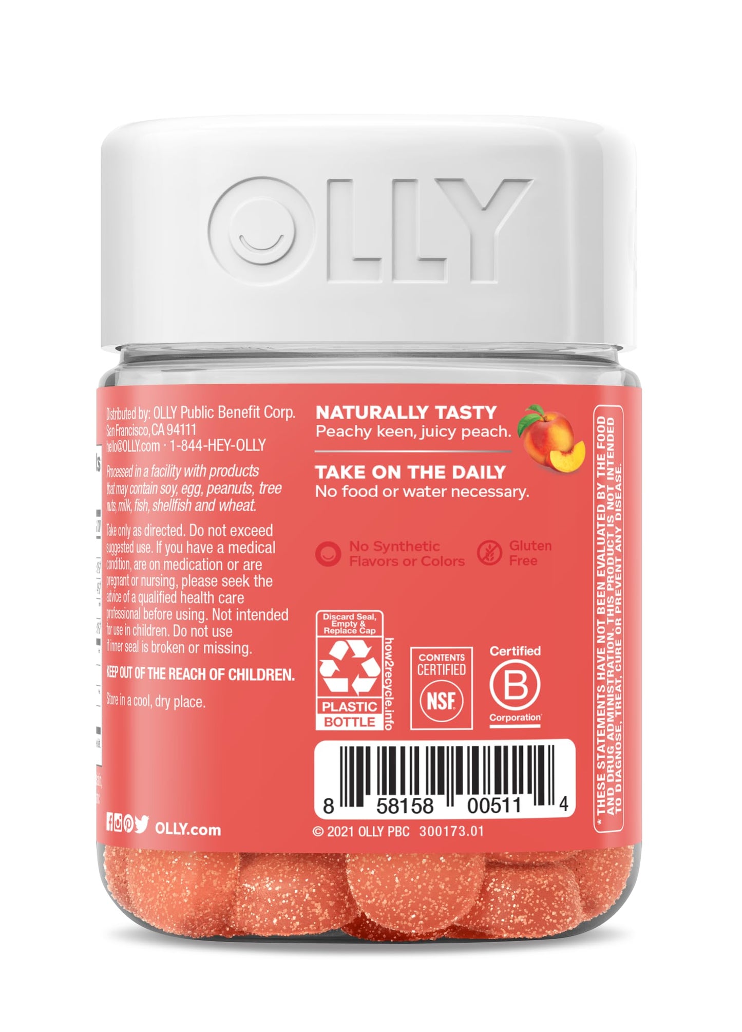 OLLY Probiotic + Prebiotic Gummy, Digestive Support and Gut Health, 500 Million CFUs, Fiber, Adult Chewable Supplement for Men and Women, Peach, 30 Day Supply - 30 Count