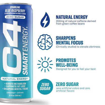 C4 Smart Energy Drink – Boost Focus and Energy with Zero Sugar, Natural Energy, and Nootropics - 200mg Caffeine - Cherry Berry Lime (12oz Pack of 12)