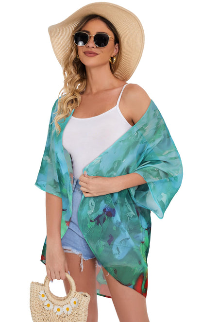 Women's Floral Print Puff Sleeve Kimono Cardigan Loose Cover Up Casual Blouse Tops