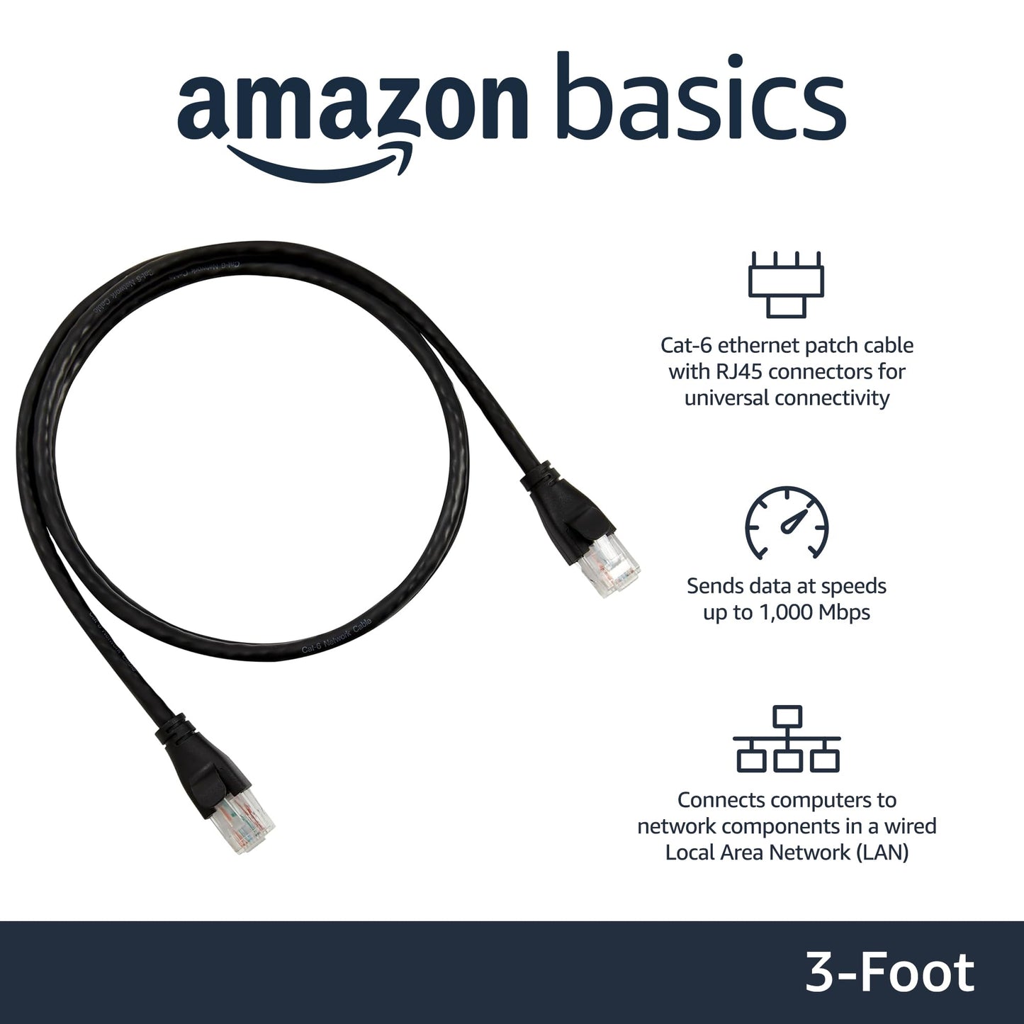 Amazon Basics RJ45 Cat-6 Ethernet Patch Cable, 1Gpbs Transfer Speed, Gold-Plated Connectors, 25 Foot (7.6 Meters), Black