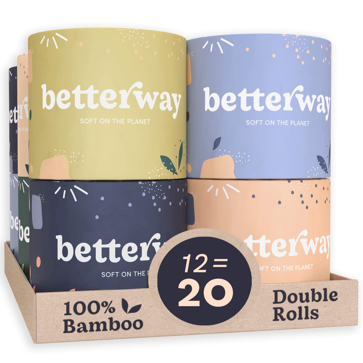 Betterway Bamboo Toilet Paper 3 Ply - Sustainable Toilet Tissue - 12 Double Rolls & 360 Sheets Per Roll - Septic Safe - Organic, Plastic Free - FSC Certified