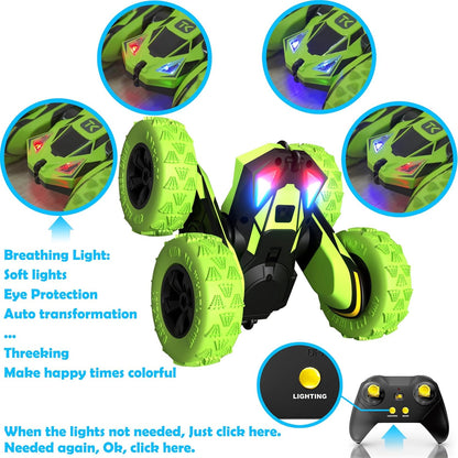 Threeking RC Stunt Cars Remote Control Car Double-Sided Driving 360-degree Flips Rotating Car Toy, Green