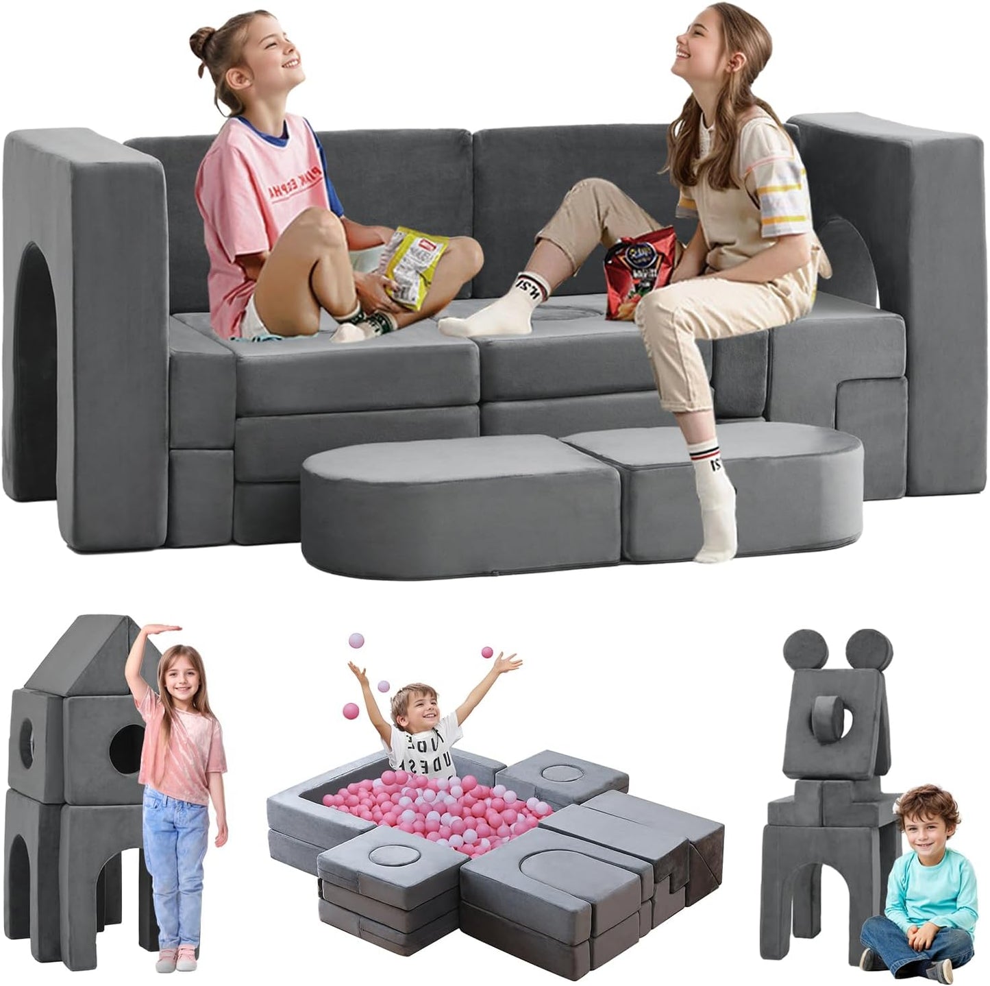 22Pcs Modular Kids Play Couch, Floor Sofa for Children, 1000+DIY Creativing Playroom Furniture for Toddlers， Convertible Foam and Floor Cushion for Boys and Girls