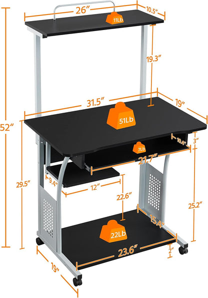 Yaheetech 3 Tiers Mobile Computer Desk with Printer Shelf & Keyboard Tray Rolling Computer Desk for Small Spaces, Compact Study Desk Workstation with Wheels, Space Saving, Black