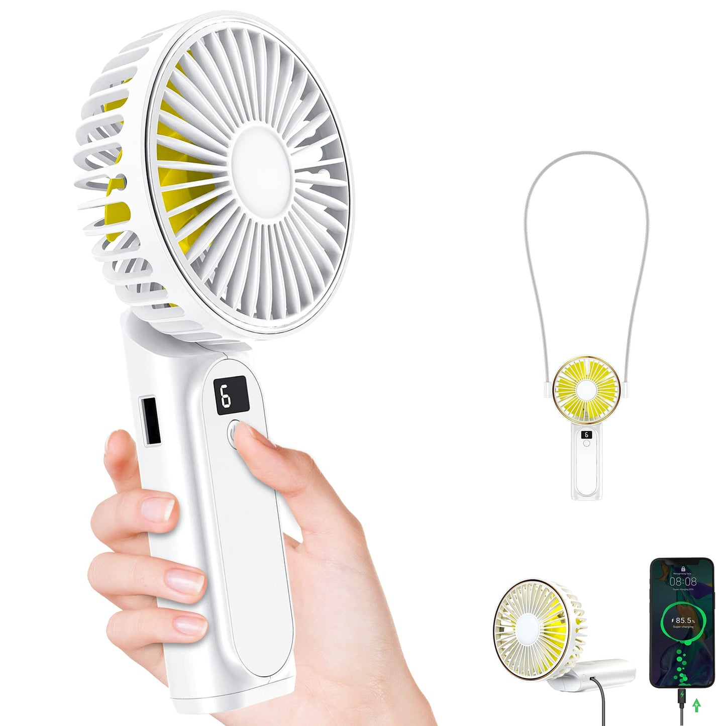 TUNISE Portable Handheld Fan, Portable Fan Rechargeable, 4000mAh, 180° Adjustable, 6 Speed Wind, Display Electricity in Real Time, USB Rechargeable Foldable Fan, Quiet Personal Fan as the Power Bank