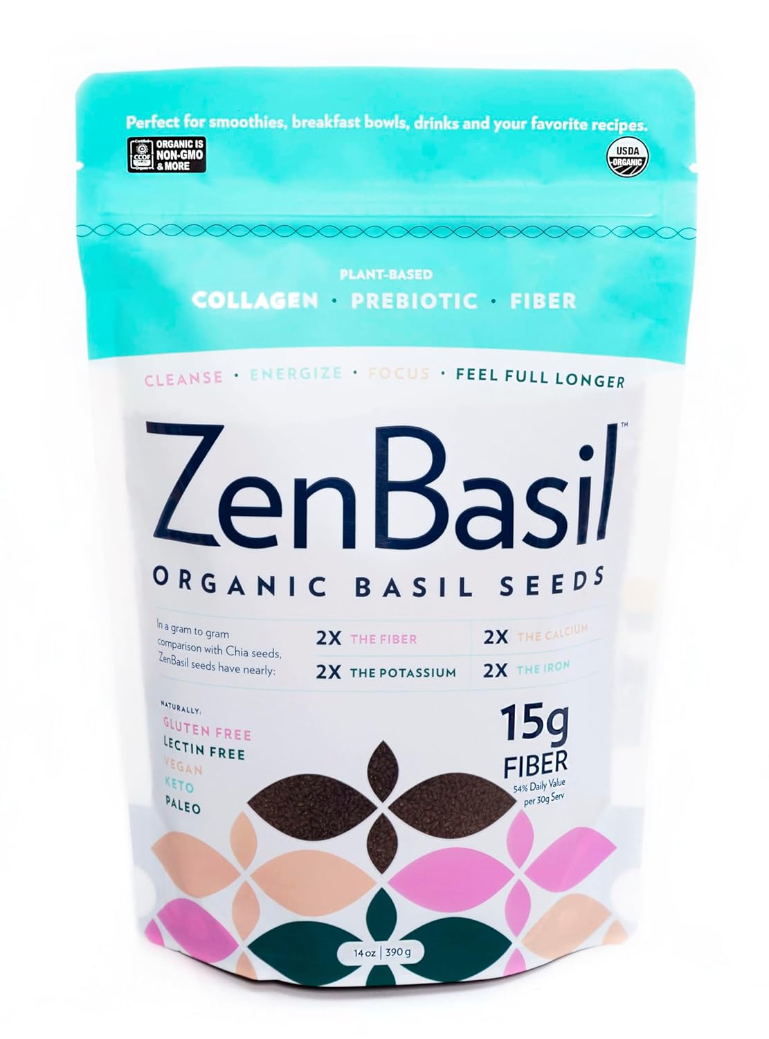 Zen Basil Seeds | Edible Basil Seeds USDA Organic, Kosher, Non-GMO, lectin Free, Gluten Free, Plant Based, Keto, Paleo, Vegan | 15g Fiber per/serv | 14oz | More Fiber Than chia Seeds | prebiotic