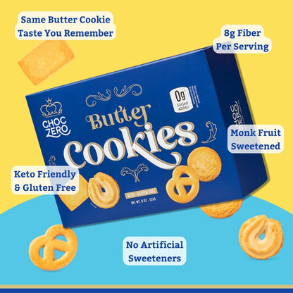 ChocZero Keto Butter Cookies - Sugar Free Danish Shortbread Gift - Gluten Free, Low Carb (1 tin, 12 oz)