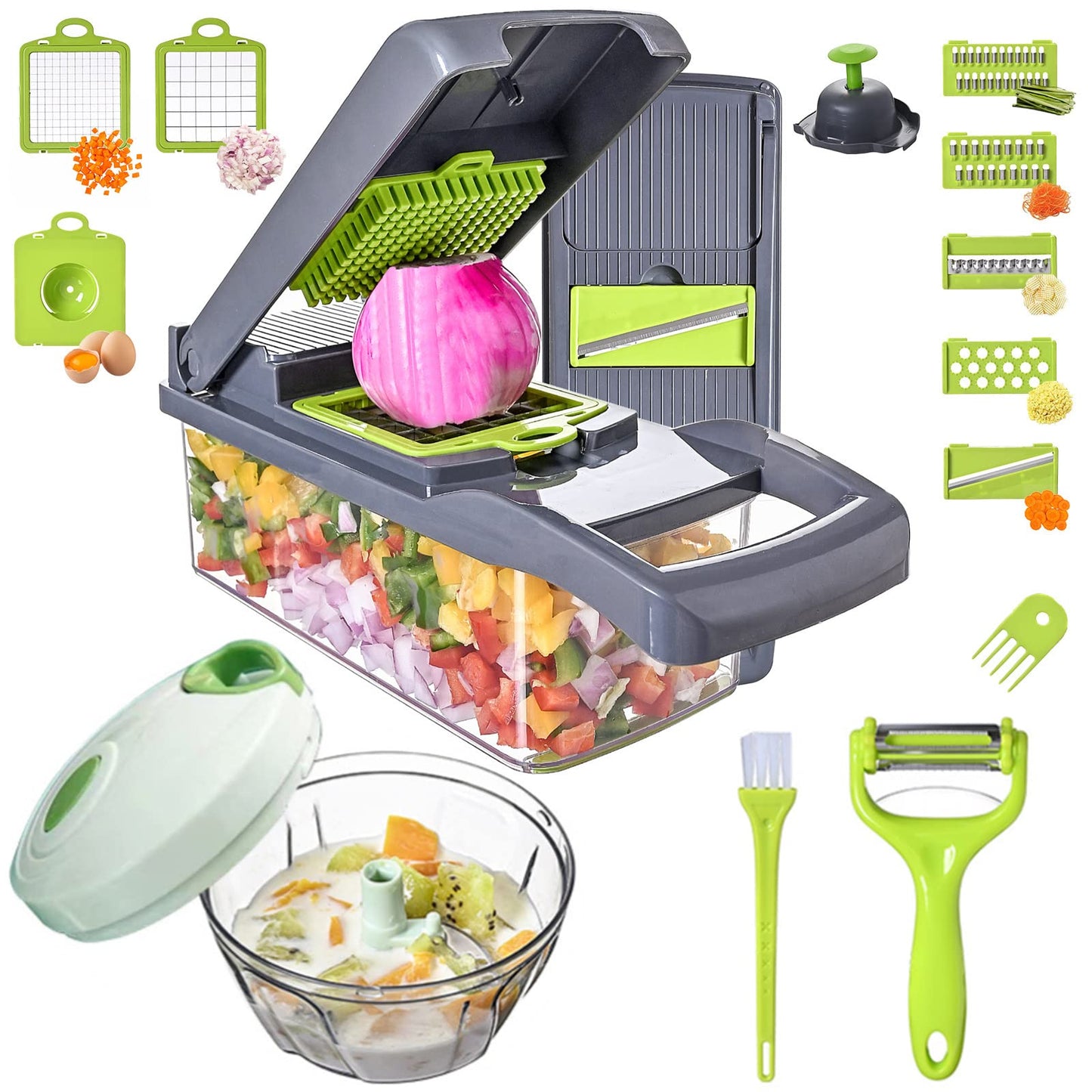 Vegetable Chopper Slicer 16-in-1 with Spice Chopper Set 7 Blades Veggie Dicer Onion Fruit Cutter