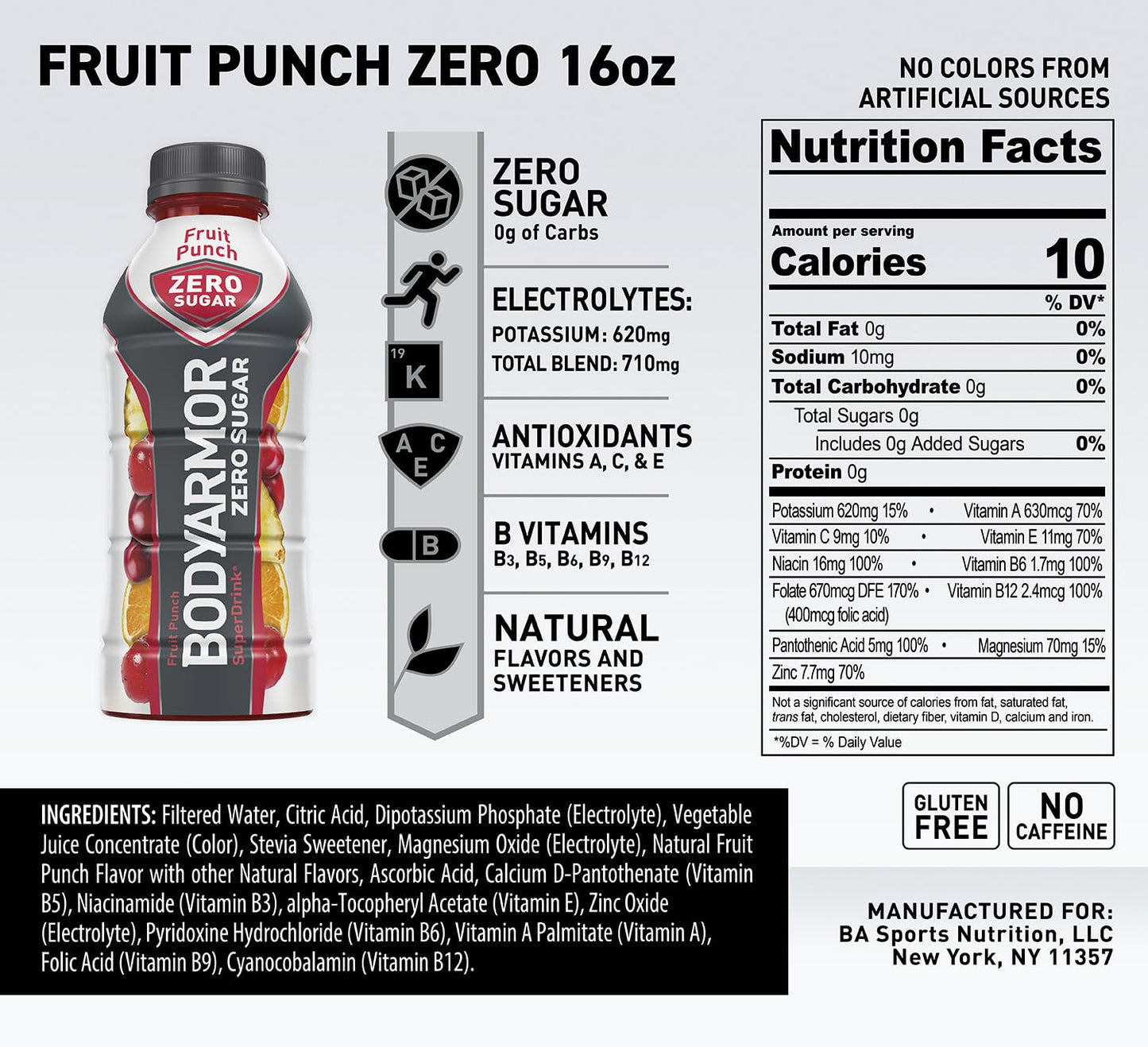 BODYARMOR ZERO Sugar Fruit Punch, Sugar Free Sports Drink - Low-Calorie Hydration - Natural Flavors with Potassium Packed Electrolytes, Antioxidants, and B-vitamins, 16 fl oz (pack of 12)