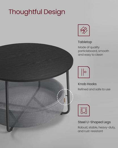 VASAGLE Coffee Table with Storage, Round Center Table for Living Room with Fabric Basket, Modern Style, Metal Frame, Ink Black and Slate Gray ULCT244B56