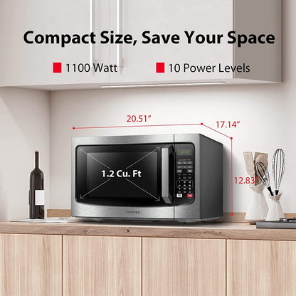 TOSHIBA EM131A5C-BS Countertop Microwave Ovens 1.2 Cu Ft, 12.4" Removable Turntable Smart Humidity Sensor 12 Auto Menus Mute Function ECO Mode Easy Clean Interior Black Color 1100W