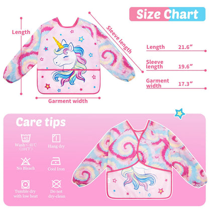 WERNNSAI Kids Art Smock - Kids Painting Aprons for Girls Waterproof Toddler Smock Painting with Long Sleeve 3 Pockets