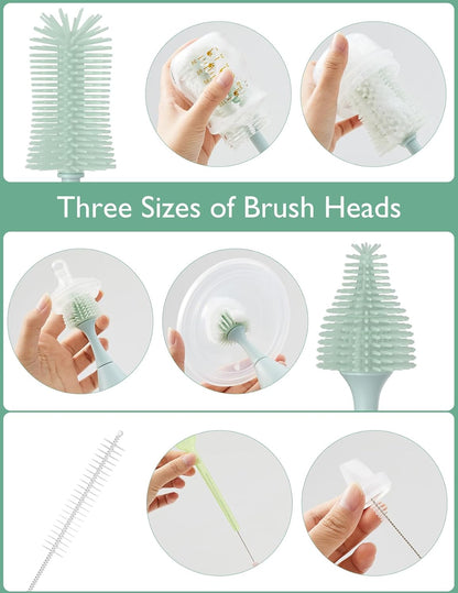 Momcozy Bottle Brush Kit, Innovative Push-Press Design for Better Cleaning - Baby Bottle Cleaner Brush for Baby Bottle, Breast Pumps, Nipples, and More - Can Generate Foam for Better Cleaning, Green