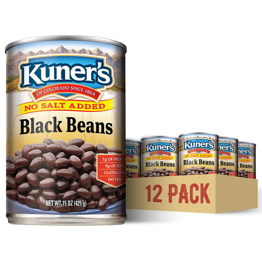 KUNER's Black Beans (12 Pack), No Salt Added, Vegan, Non-GMO, Natural Gluten-Free Bean, Sourced and Packaged in the USA (15 Ounce Can)