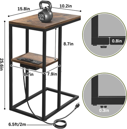 Yoobure C Shaped End Table with Charging Station for Living Room, Bedroom, Sofa Table with USB Ports and Outlets for Small Spaces, C Couch Rustic Snack Bed Table