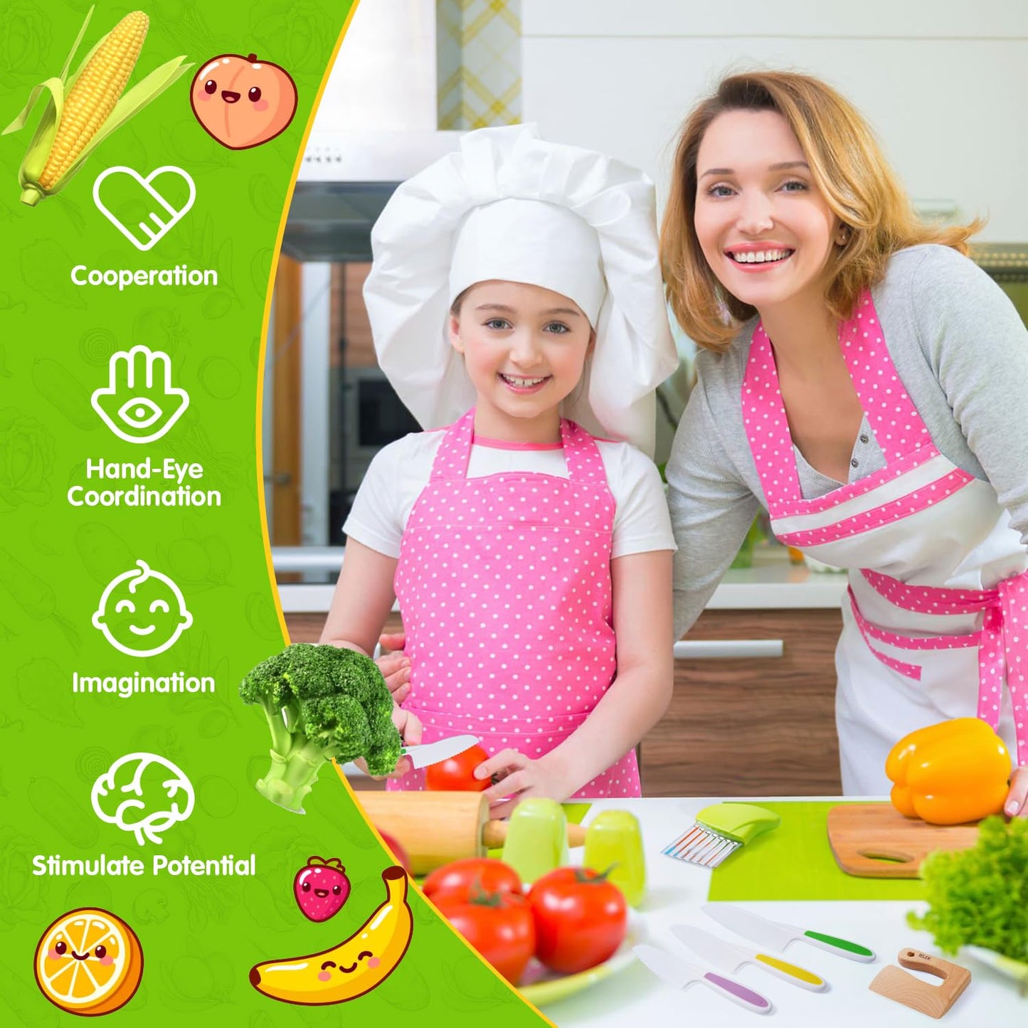 Kids Knife Set for Real Cooking Toddler Kitchen Tools Include 4 Serrated Edges Plastic Safe Knives,Crinkle Cutter Y Peeler Cutting Boards Wood Kids Knife, Kitchen Gloves, Fruit Forks and Dough Cutters