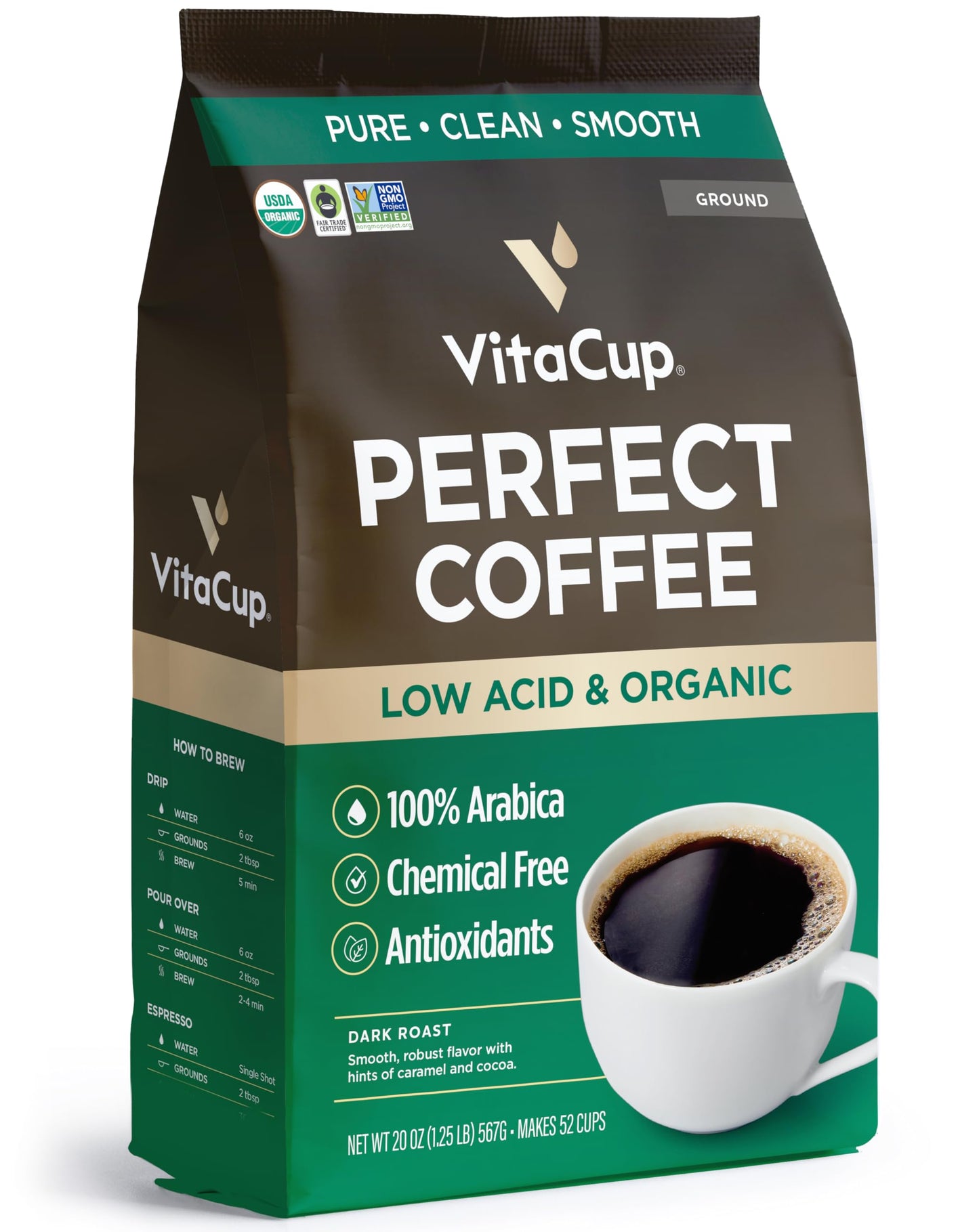 VitaCup Perfect Low Acid Coffee Ground, USDA Organic & Fair Trade, Mycotoxin Free, Dark Roast Guatemala Single Origin, Clean & Pure for Drip Coffee Brewers and French Press, 11 ounces