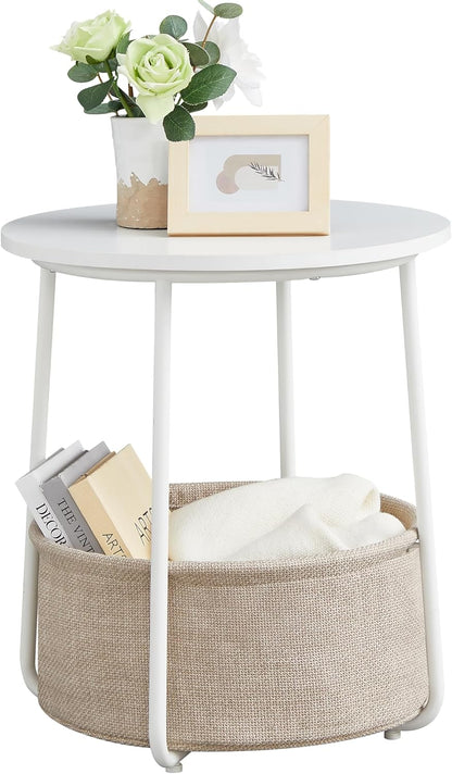 VASAGLE End Table, Small Bedside Table with Fabric Basket, Modern Nightstand, Round Side Table, for Living Room, Bedroom, Matte White and Camel Brown ULET223W10