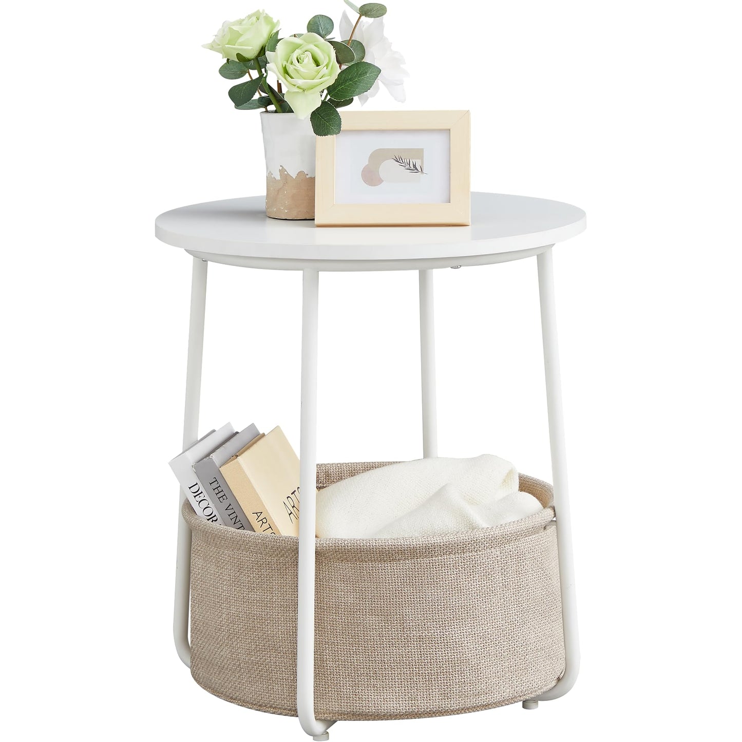 VASAGLE End Table, Small Bedside Table with Fabric Basket, Modern Nightstand, Round Side Table, for Living Room, Bedroom, Matte White and Camel Brown ULET223W10