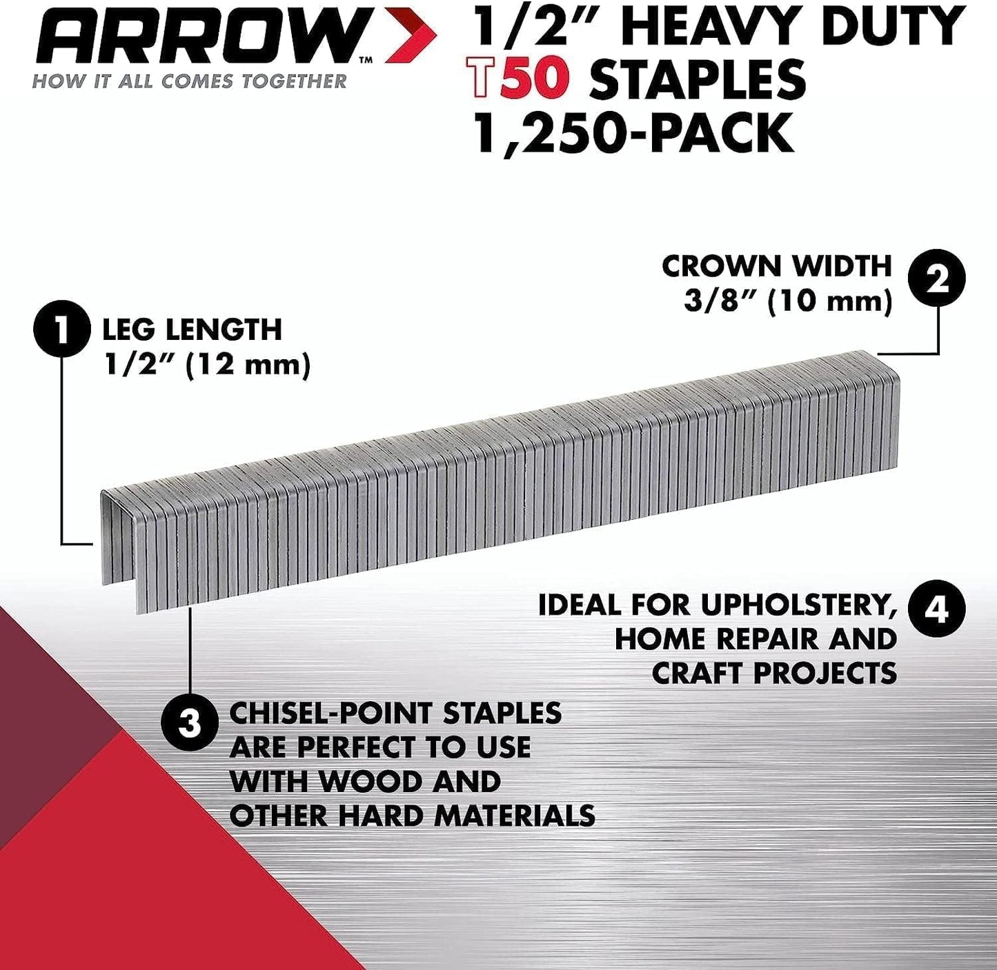 Arrow 508 Heavy Duty T50 1/2-Inch Leg Length, 3/8-Inch Crown, Staples for Upholstery, Construction, Furniture, Crafts, 1250 Count(Pack of 1)