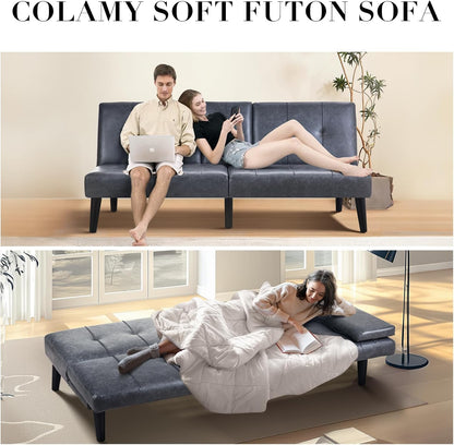 COLAMY Futon Sofa Bed-Leather Small Futon Couch, Futon Lounge Sofa, Futon Convertible with Cup Holder, Removable Armrest, Adjustable Backrest Darkgrey