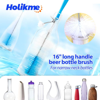 Holikme Bottle Brush Tube Cleaning Set, Long Handle Bottle Cleaner for Washing Narrow Neck Beer Bottles Wine Decanter Narrow Cup Pipes Sinks Cup Cover, White