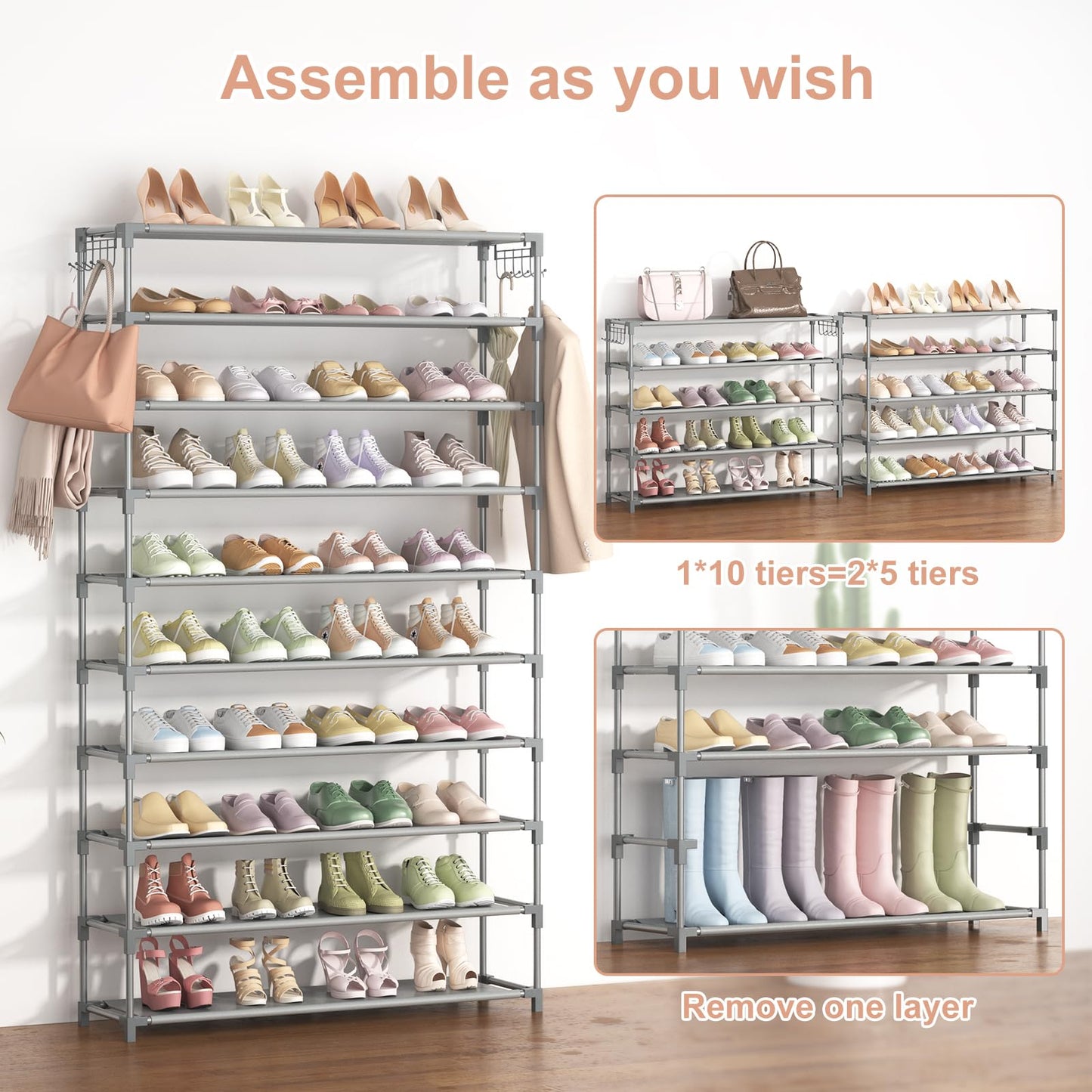 10 Tiers Shoe Rack 50 Pairs Large Capacity Tall Shoe Organizer Sturdy Shoe Storage with Two Hooks Space Saving Metal Wide Shoe Rack for Closet, Entryway, Bedroom, Grey