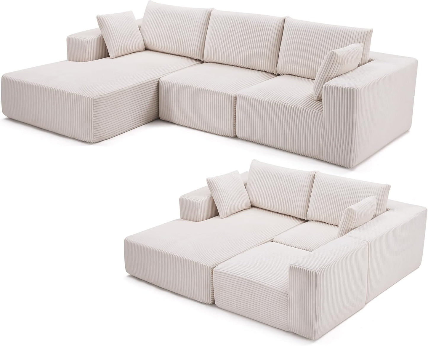 108” Modular Sectional Sofa, Sponge Sectional Sofa Couch for Living Room, Modular L-Shape Sofa Couch with Chaise, Beige