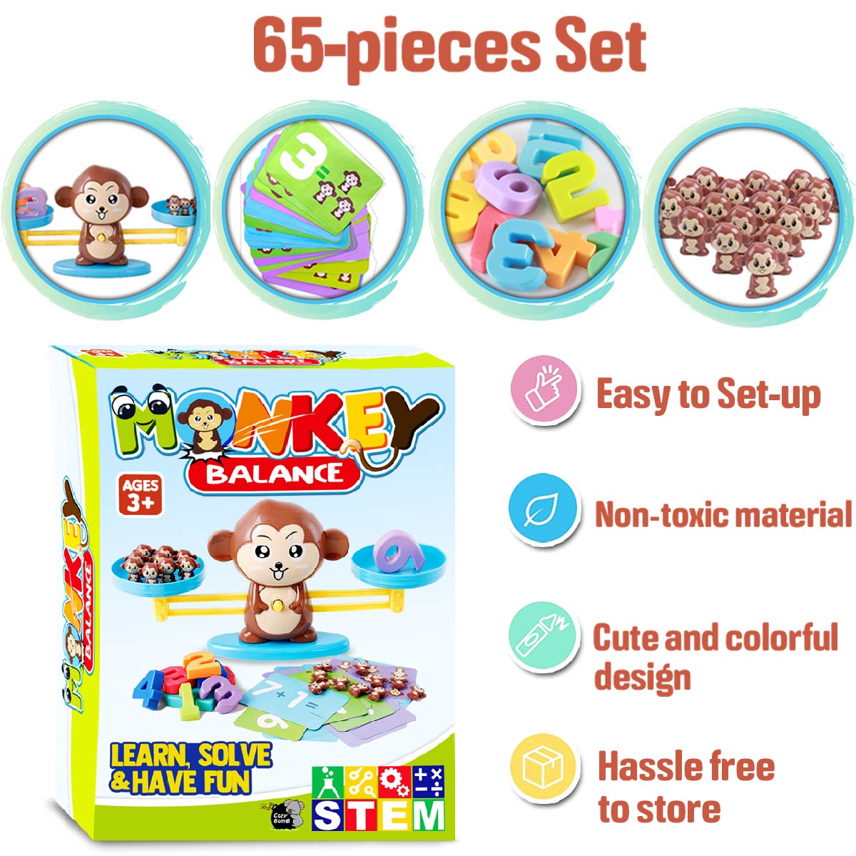 CozyBomB™ Homeschool Kindergarten Balance Board Game - Preschool Activities Math Learning Stem Montessori Cool Toys Educational with Frog Scale Cards Balancing Numbers for Kids Ages 3 4 5 6 Year Old