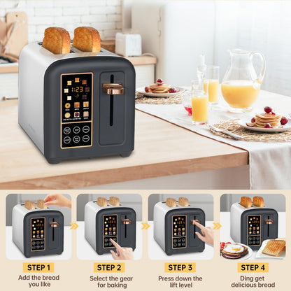 SEEDEEM Toaster 2 Slice, Stainless Toaster LCD Display&Touch Buttons, 50% Faster Heating Speed, 6 Bread Selection, 7 Shade Setting, 1.5''Wide Slot, Removable Crumb Tray, 1350W, Dark Metallic